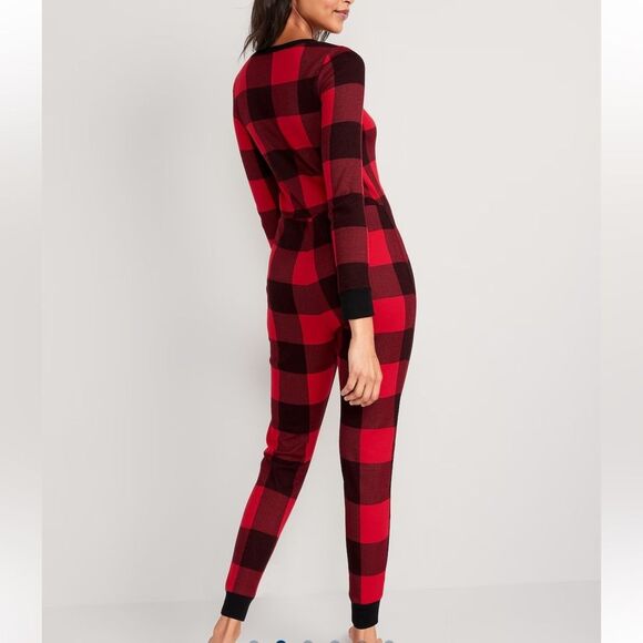Old Navy Thermal Knit One-Piece Pajama Women's Sz L Red Black Plaid Cozy Buttons - Picture 3 of 16
